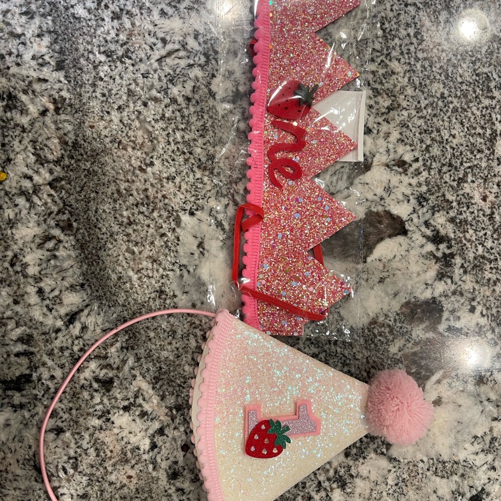 Glittery Pink Birthday Crown and Hat For Baby’s Berry 1st Birthday